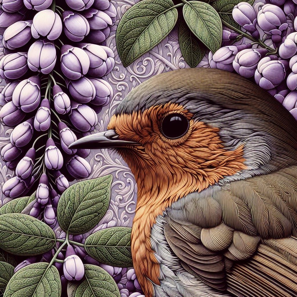 Delicate Robin in Wisteria Purple Lilac Blooms