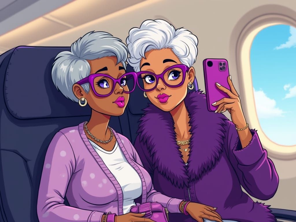 Fashionable Elderly Women Take Airplane Selfie