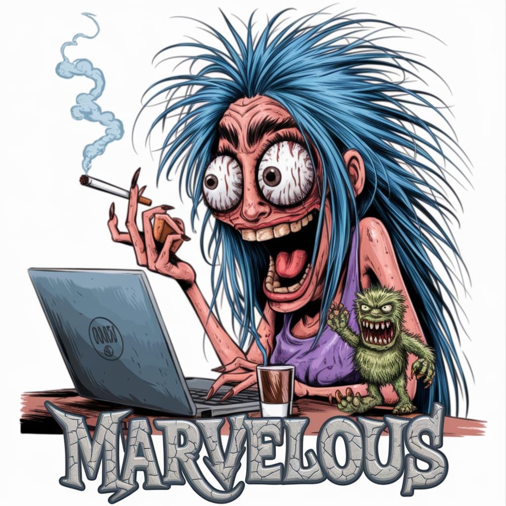 In the style of R. CRUMB, a cartoon woman with long blue hair sitting at a laptop, a cigarette clenched between her teet...