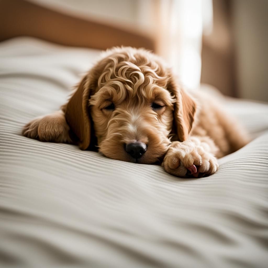 Labradoodle Puppy Asleep on Bed