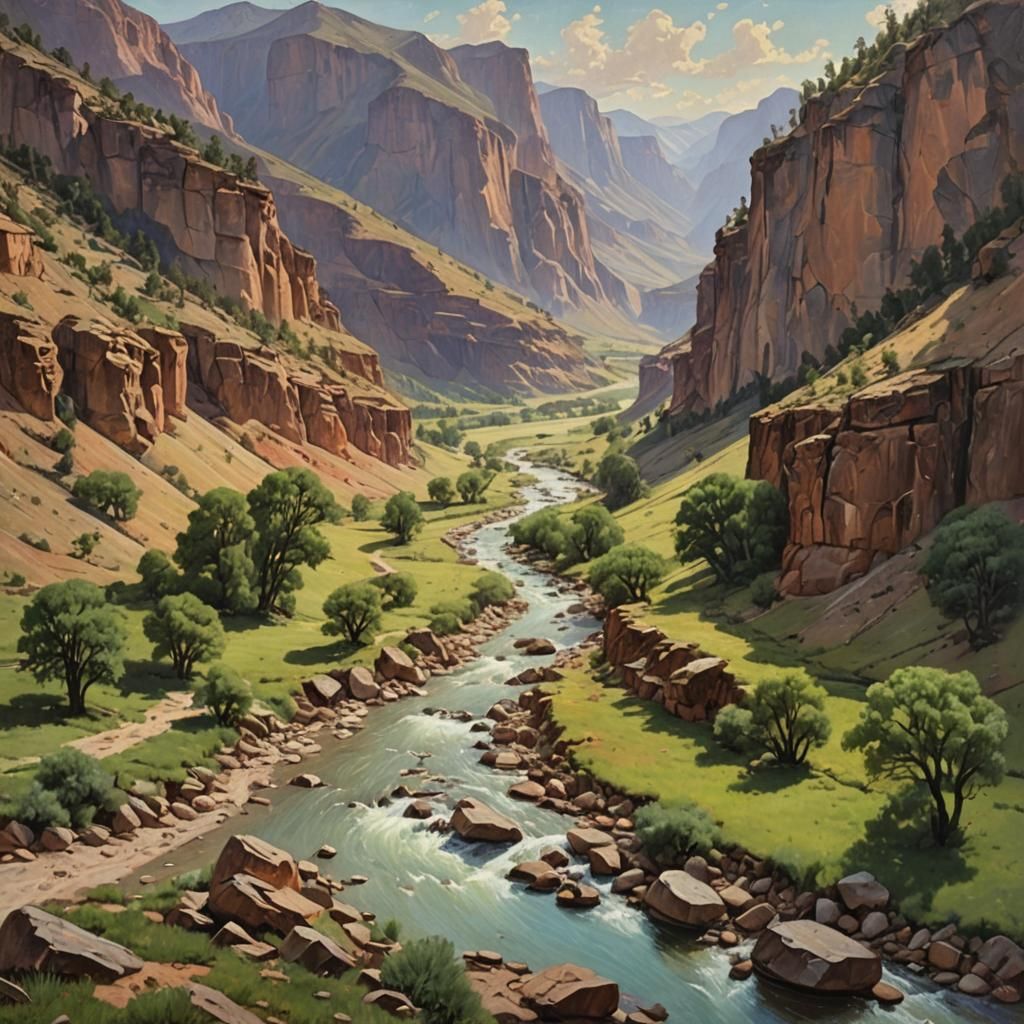 Valley River Landscape in Oil Painting Style