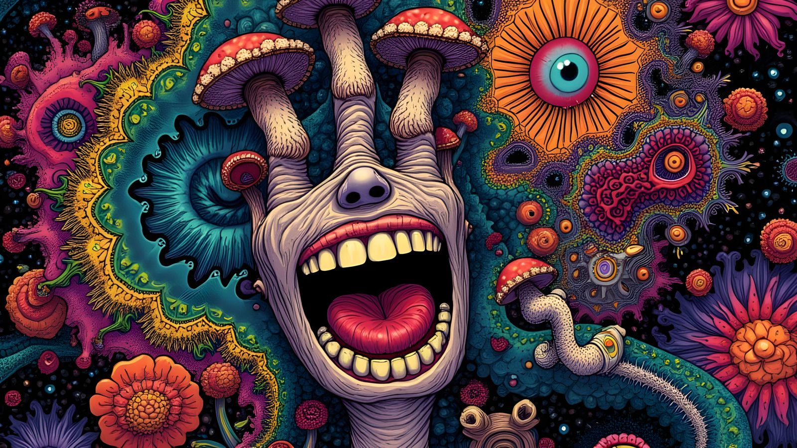 Psychedelic Hand in a Vibrant Fractal Landscape