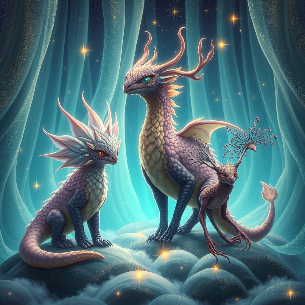 Mystical Creatures in Celestial Realm with Iridescent Scales...