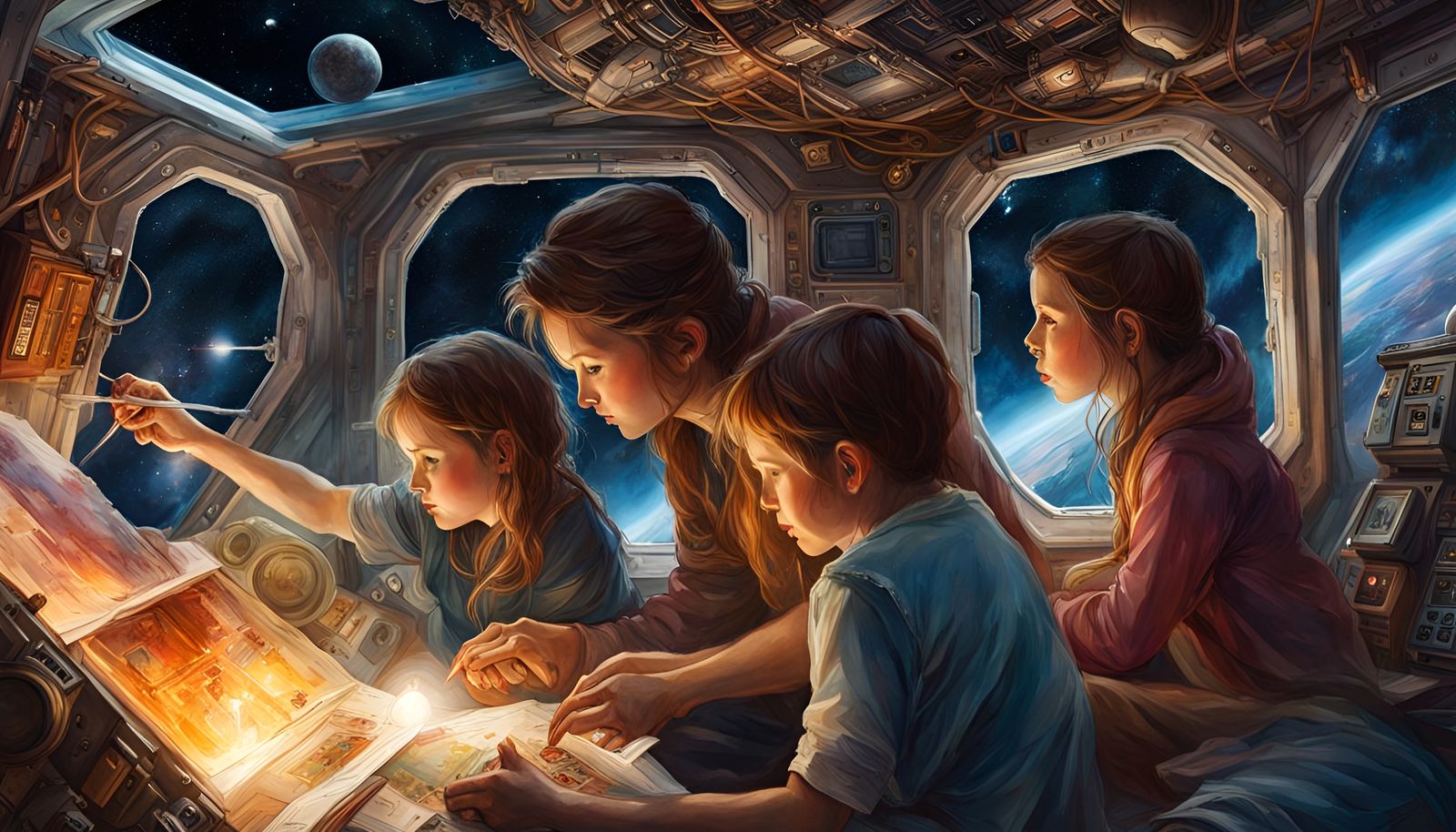 Space Station Family in Waterhouse-Style Watercolor