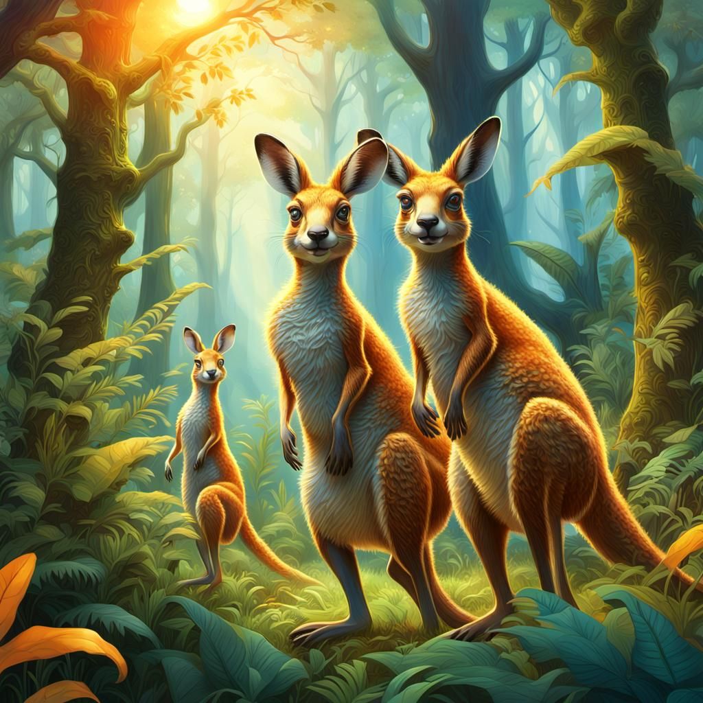 Kangaroos Hopping Through a Lush Forest