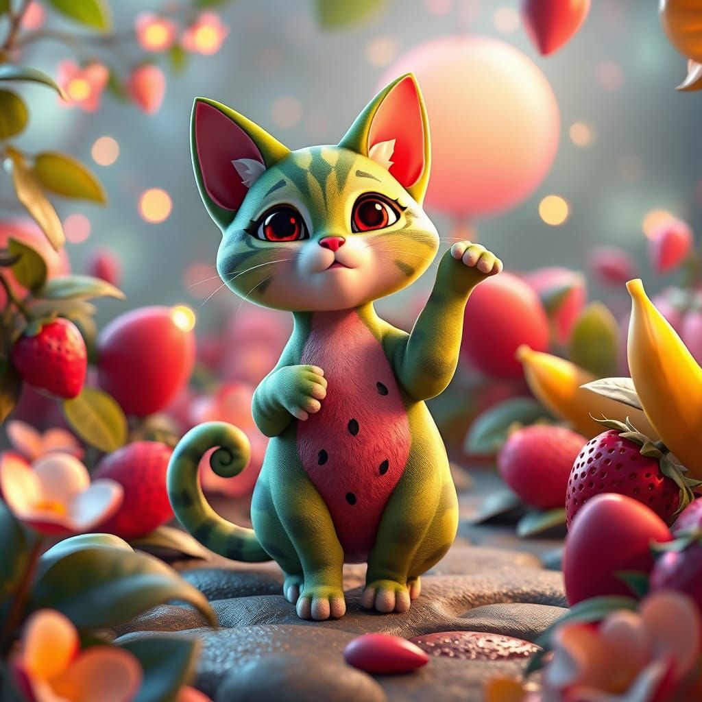 Whimsical Cat in a Vibrant Fruit Garden