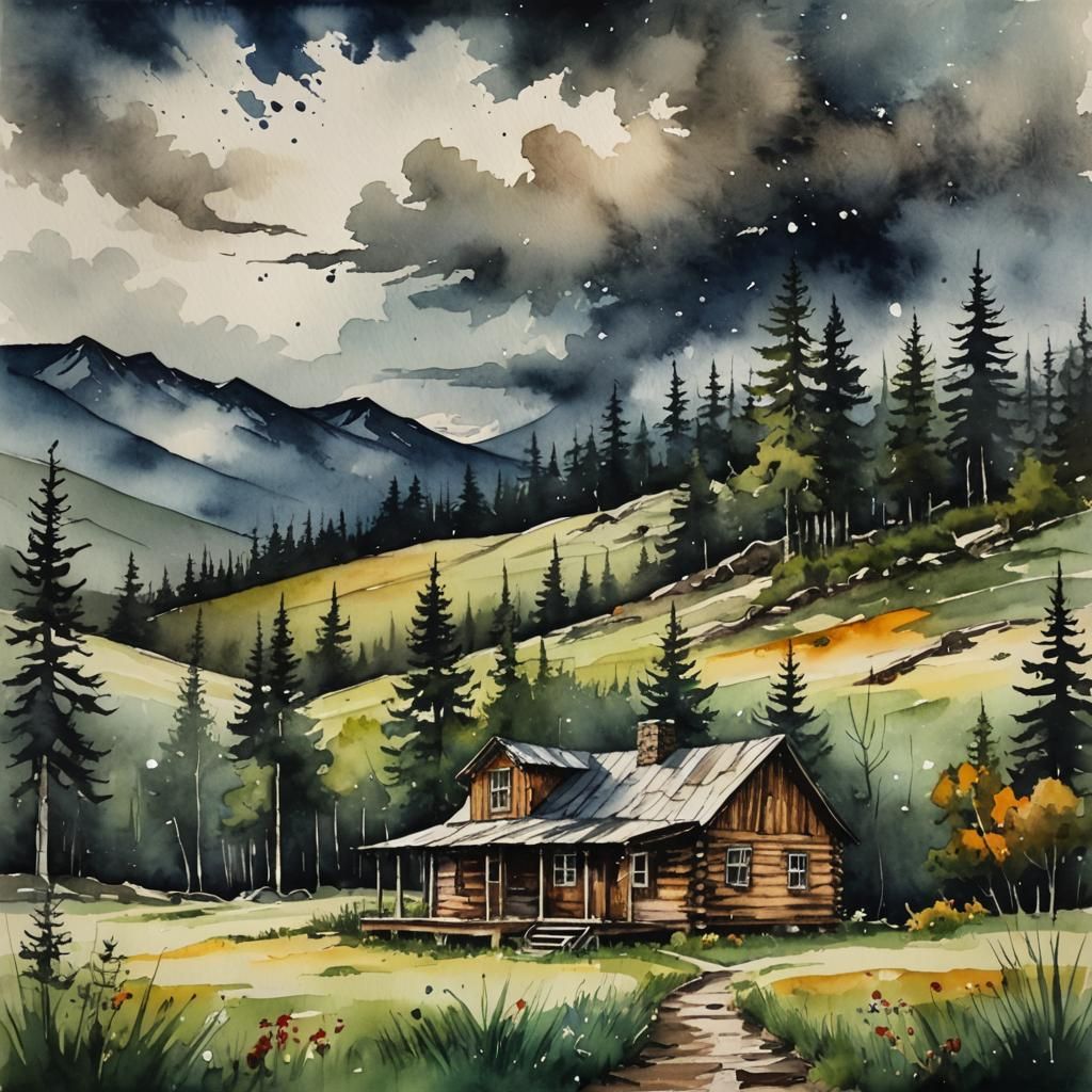 Rustic Cabin Under Stormy Skies Watercolor Painting