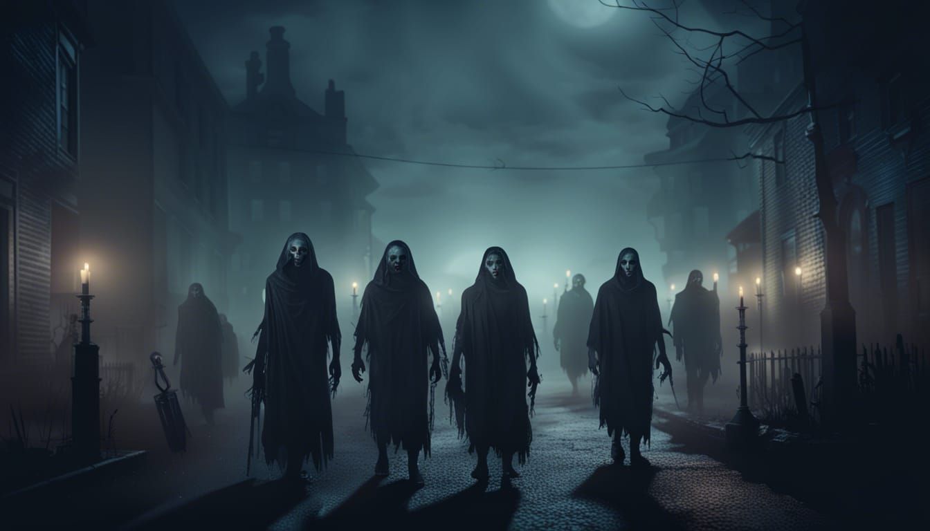 Eerie Halloween Zombies in Foggy Town, Matte Painting