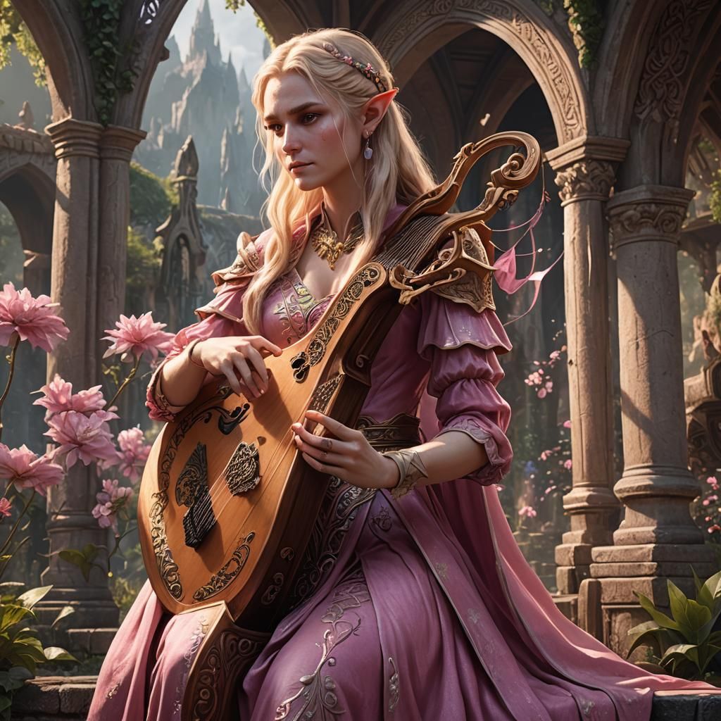 Fantasy Elf Bard Playing Harp in Detailed Digital Painting