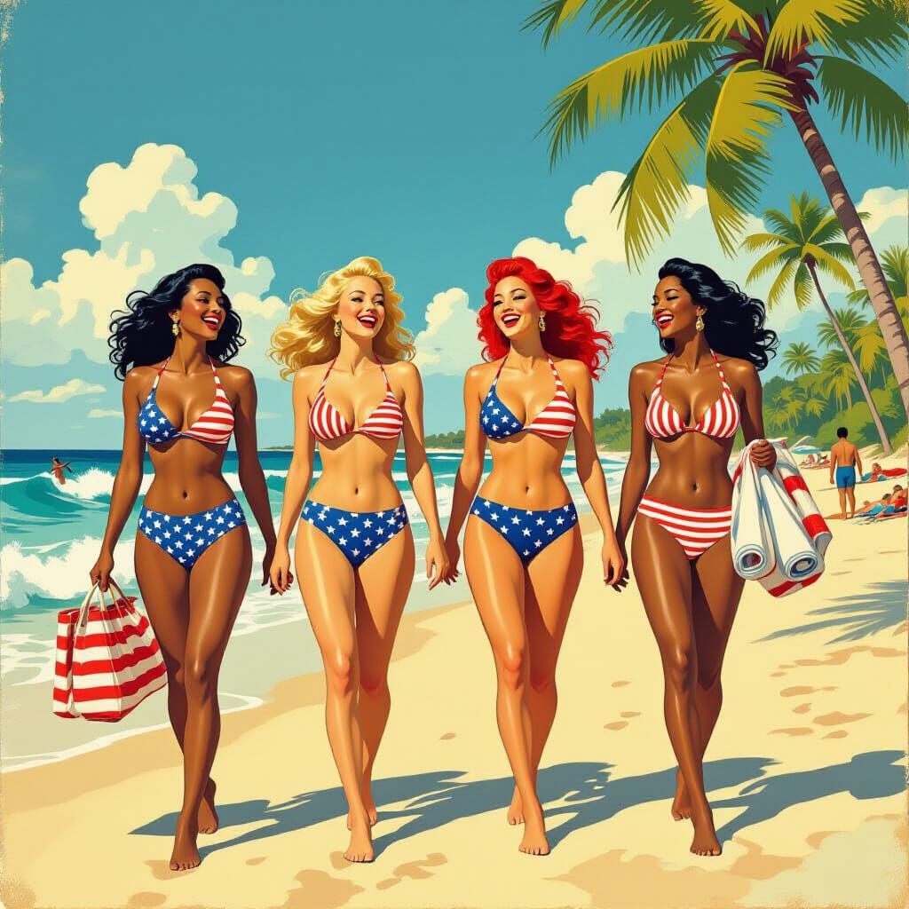 Diverse Women in Vintage Pulp Art Style Beach Scene