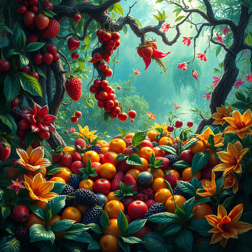 Mystical Garden of Vibrant Fruits as Matte Painting