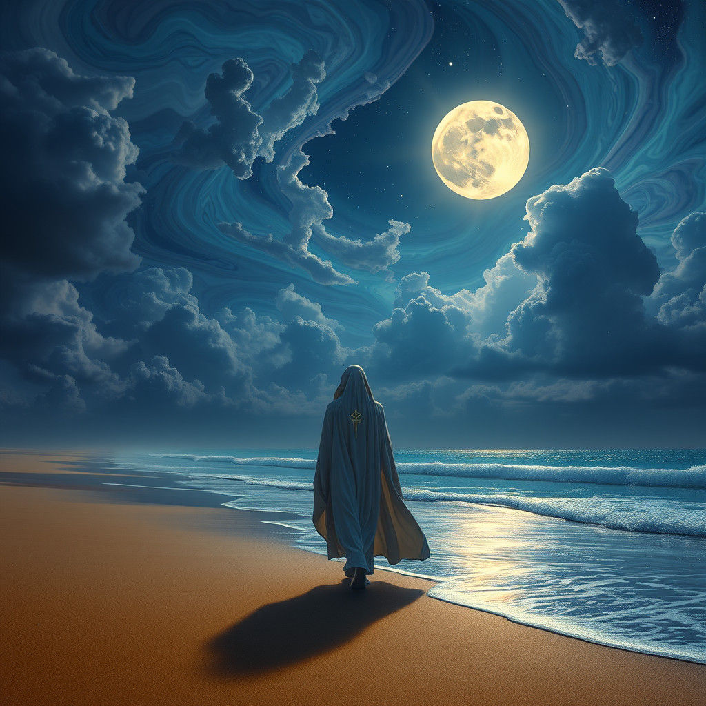 Enigmatic Figure on Moonlit Beach: Surreal Digital Art
