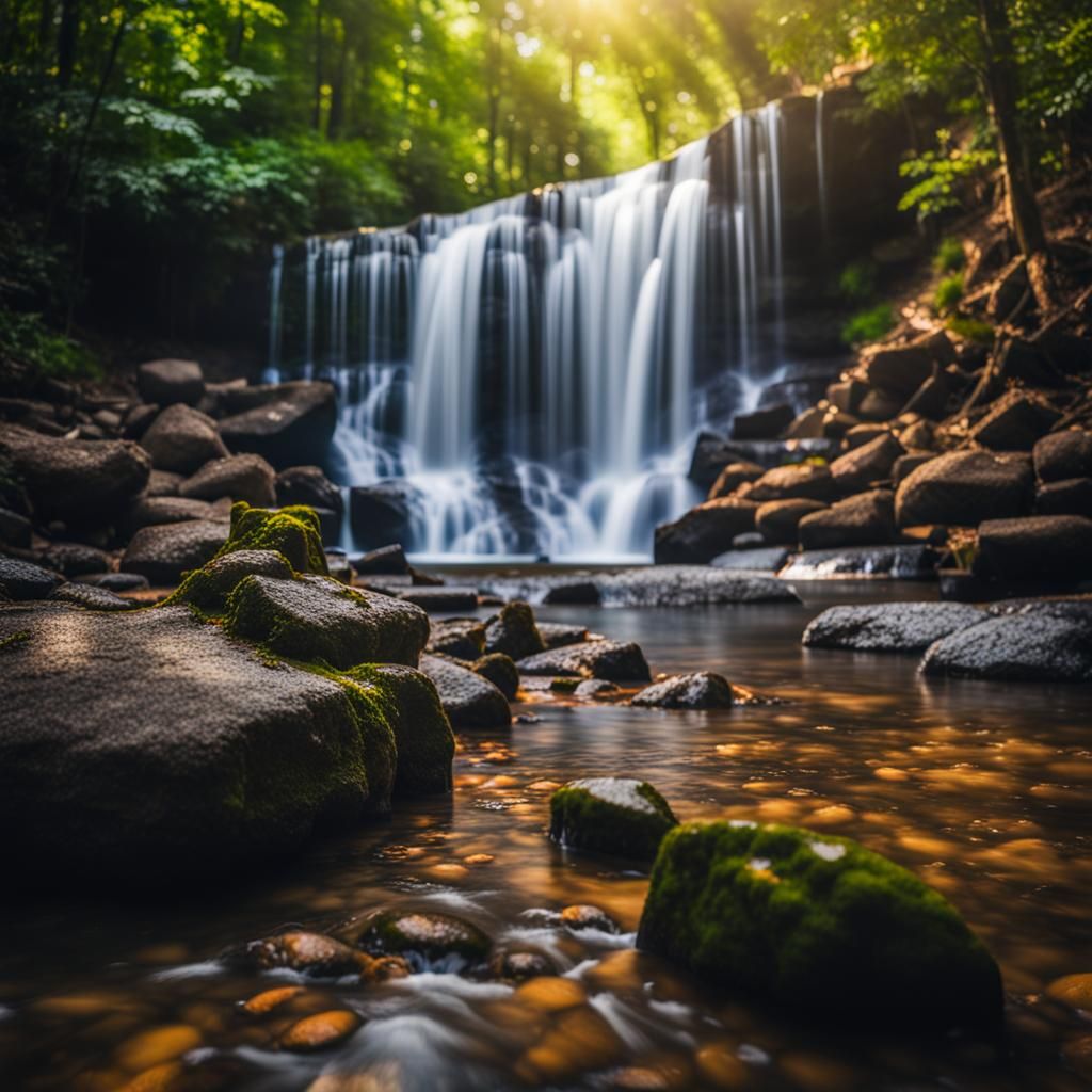 Majestic Waterfall in Natural Light, Bokeh Photography
