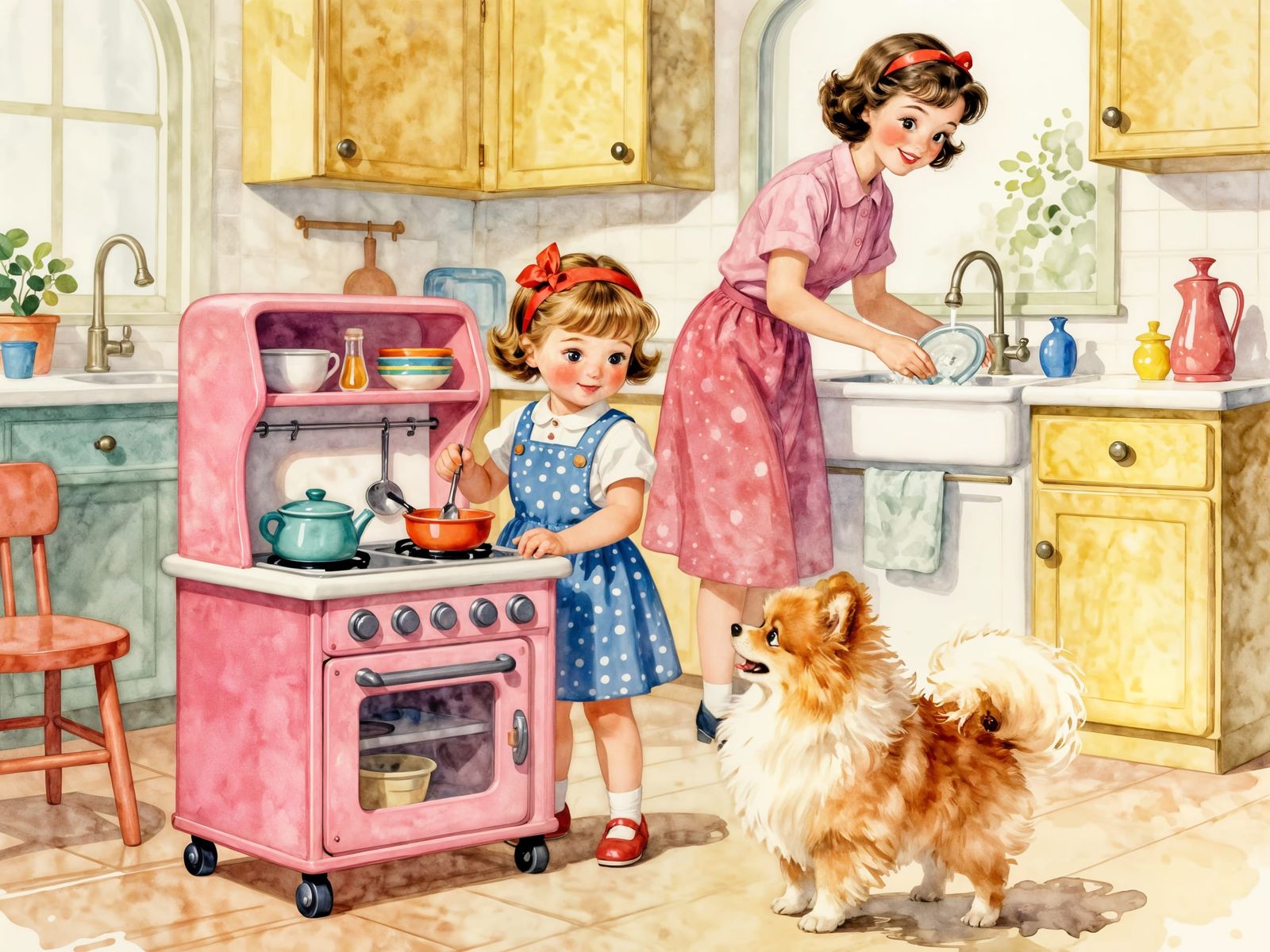 Cute Girl Plays in 1950s Kitchen with Puppy