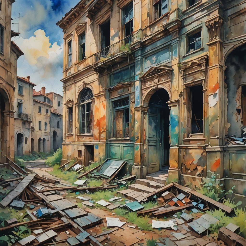 Abandoned Building in Gouache Style Impressionist Painting