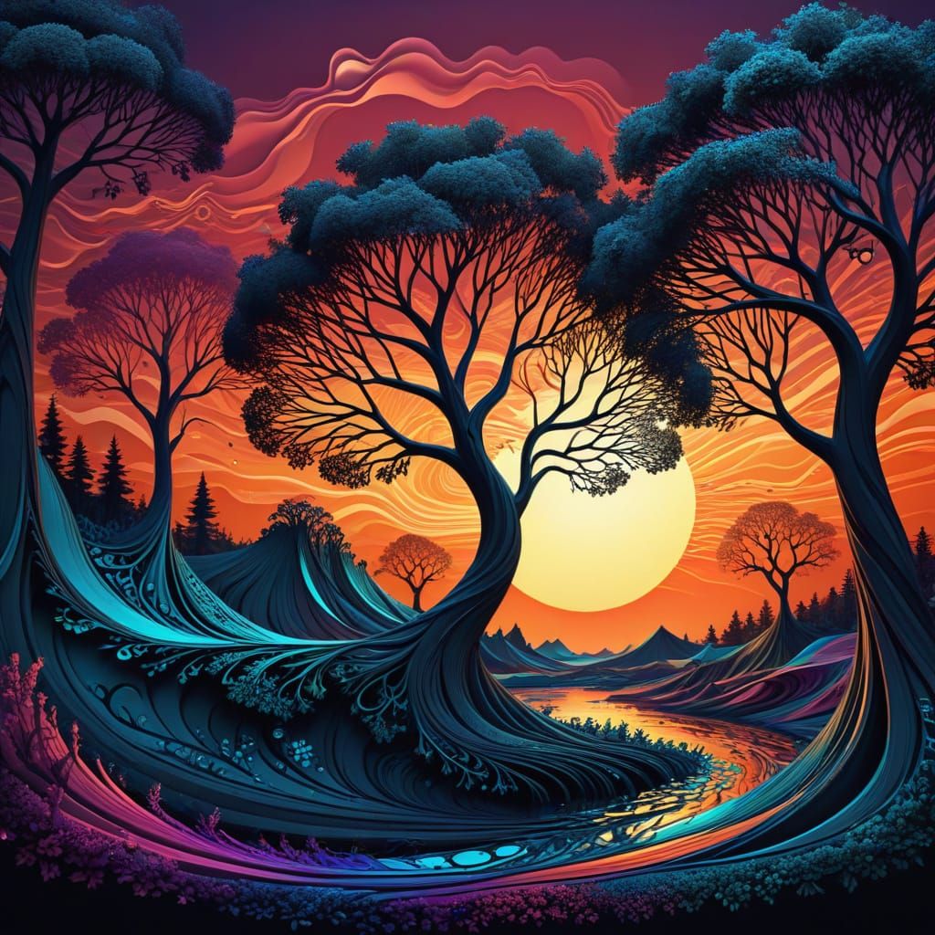 Surreal Sunset Trees in Fractal Vector Art