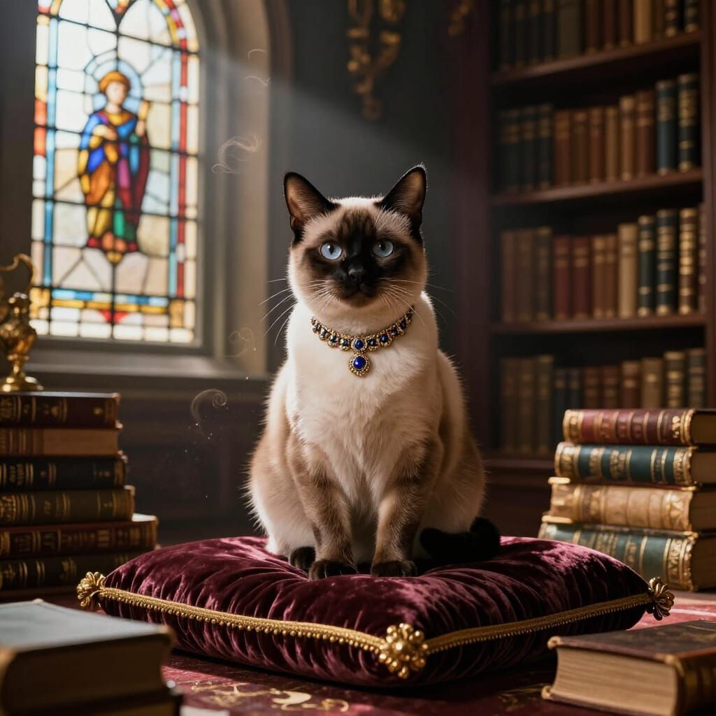 Regal Siamese Cat in Baroque Library