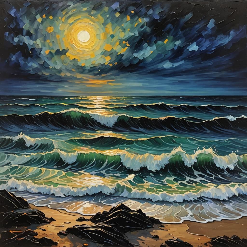 Dramatic Night Shoreline as Impasto Oil Painting