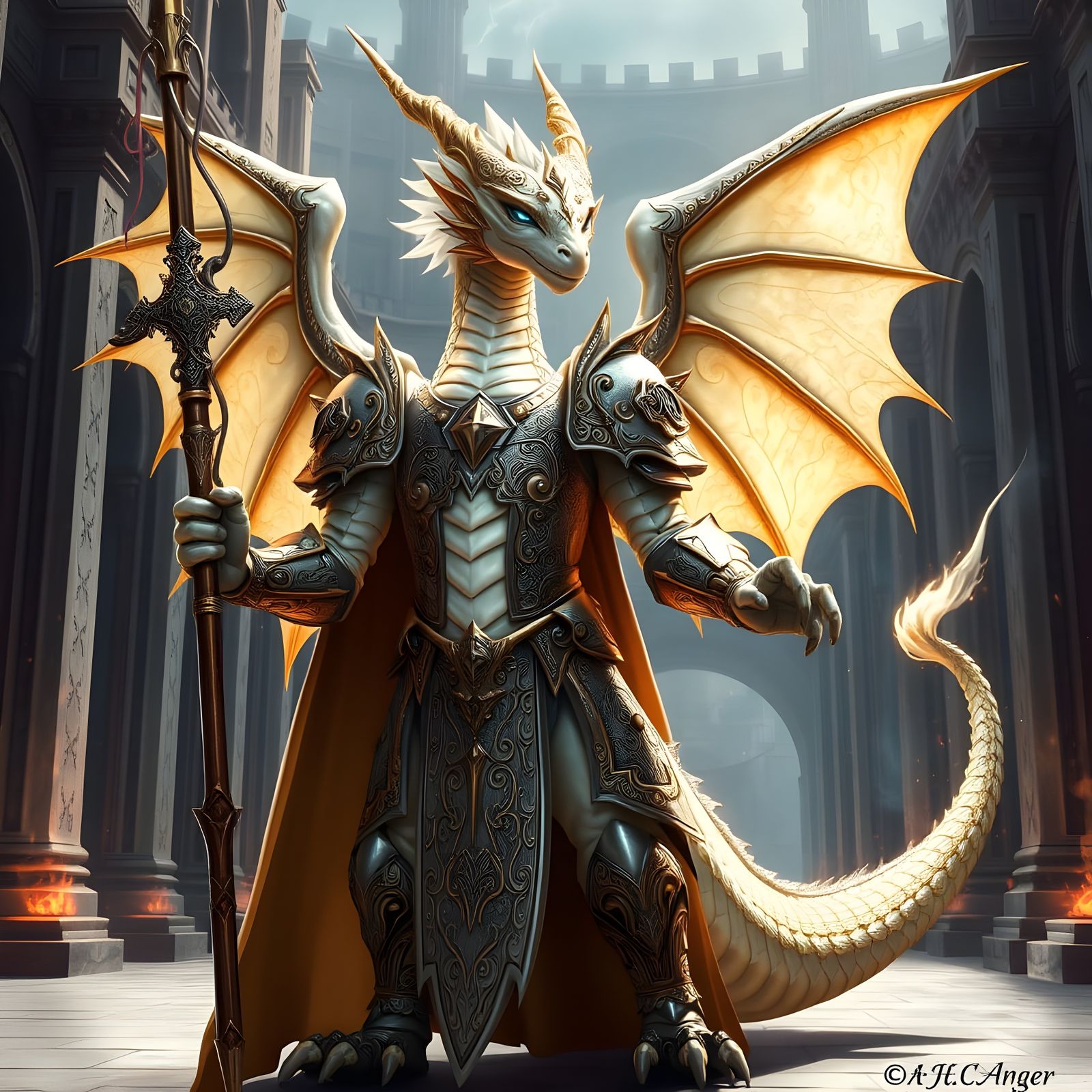 Majestic Dragonkin Sorcerer in Ornate Armor Tames the Elemen...