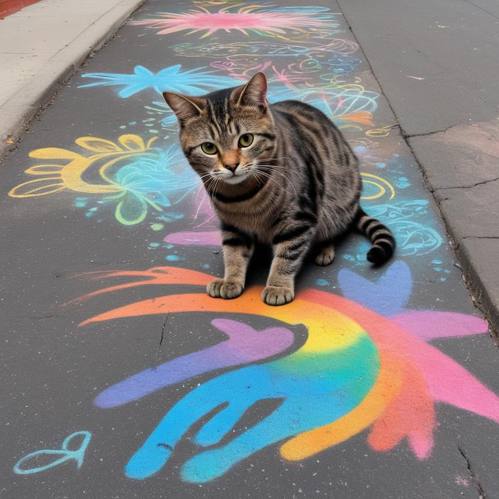 Colorful Chalk Graffiti Art on Sidewalk with Cat