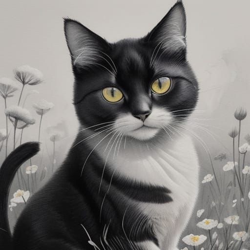 Ink Wash Painting of a Cat Among Flowers
