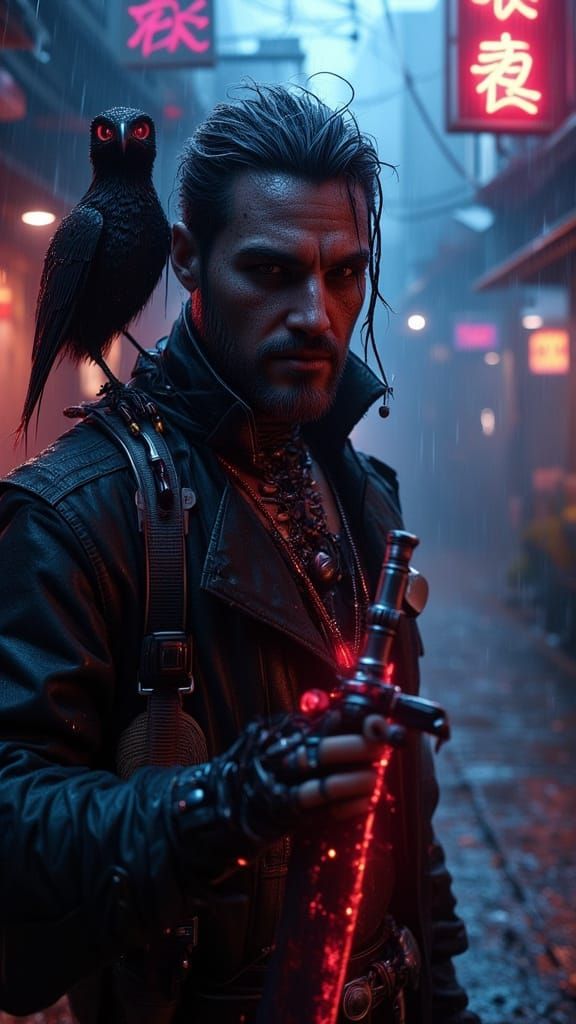 Cyberpunk Villain Portrait with Cybernetic Implants and Neon...