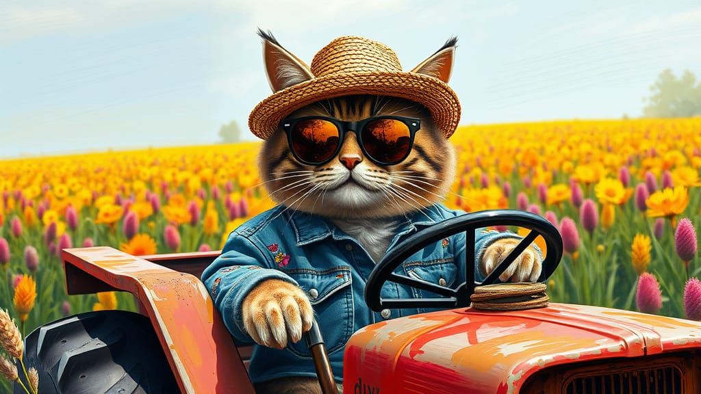 Funky Feline Farmhand in Whimsical Scene