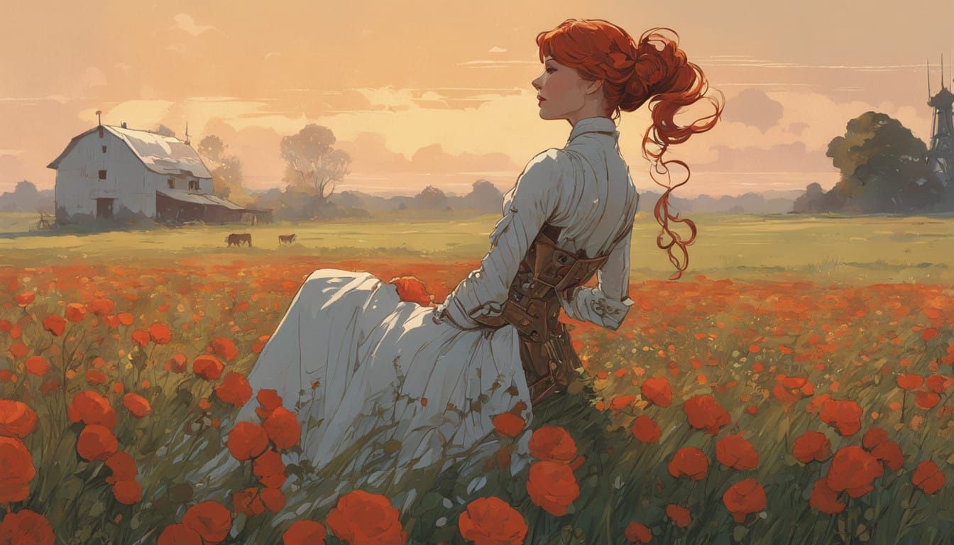 Cyborg Woman Harvests Flowers in a Vibrant Peach-Colored Sky