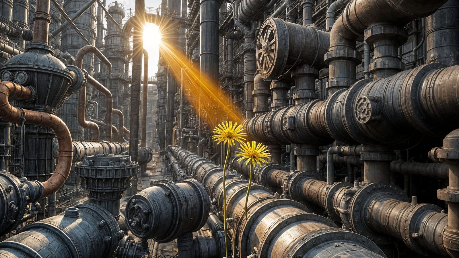 Hyperrealistic Oil Refinery with Resilient Dandelion
