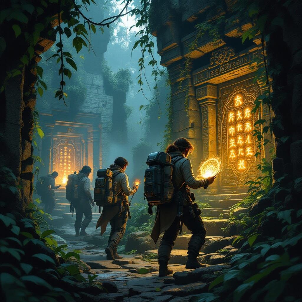 Jungle Explorers Discover Ancient Temple, Photorealistic Sty...
