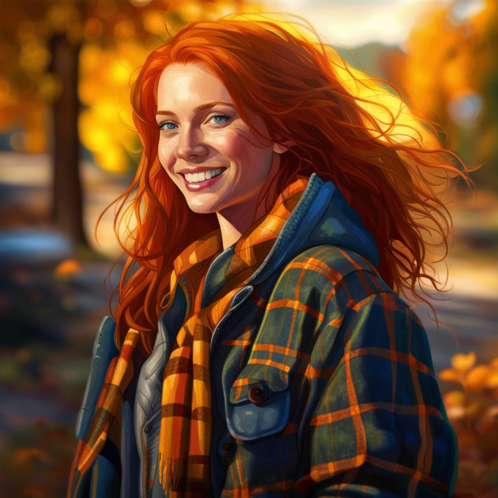 Beautiful Redhead in Autumn Light: Hyperrealistic Splash Art