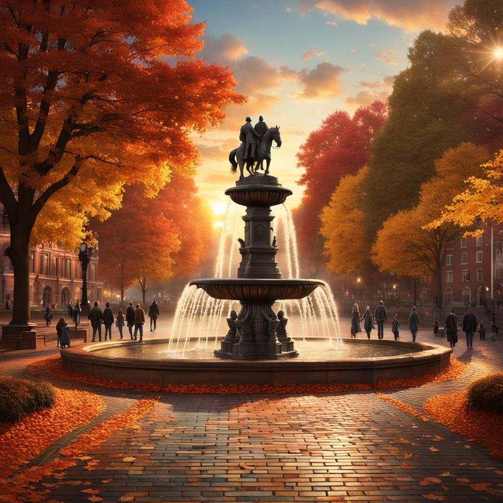 Autumn Sunset Scene with Fountain: Digital Matte Painting