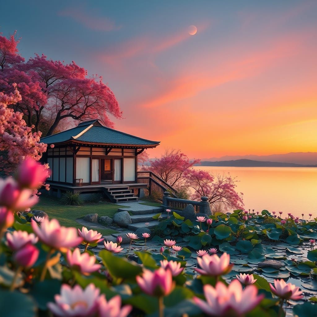 Japanese Bath House Overlooking Tranquil Lake at Sunset