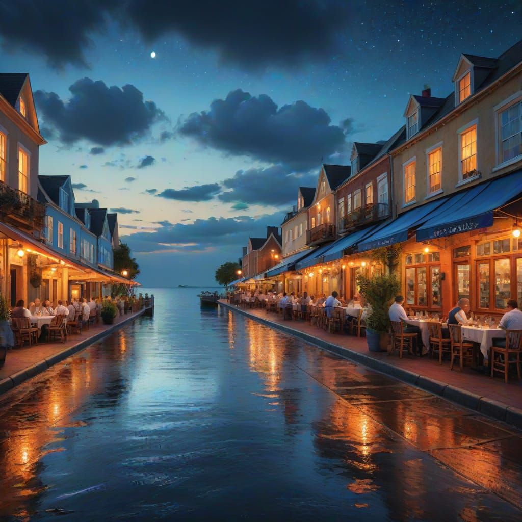 Vibrant Seaside Boulevard at Night Oil Painting