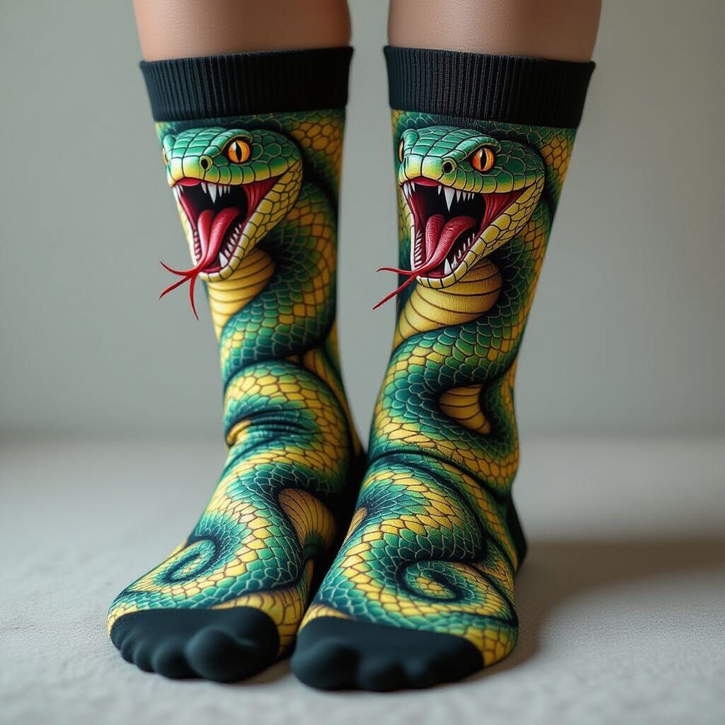 Snakes Coiled on Novelty Socks in Hyperrealistic Style