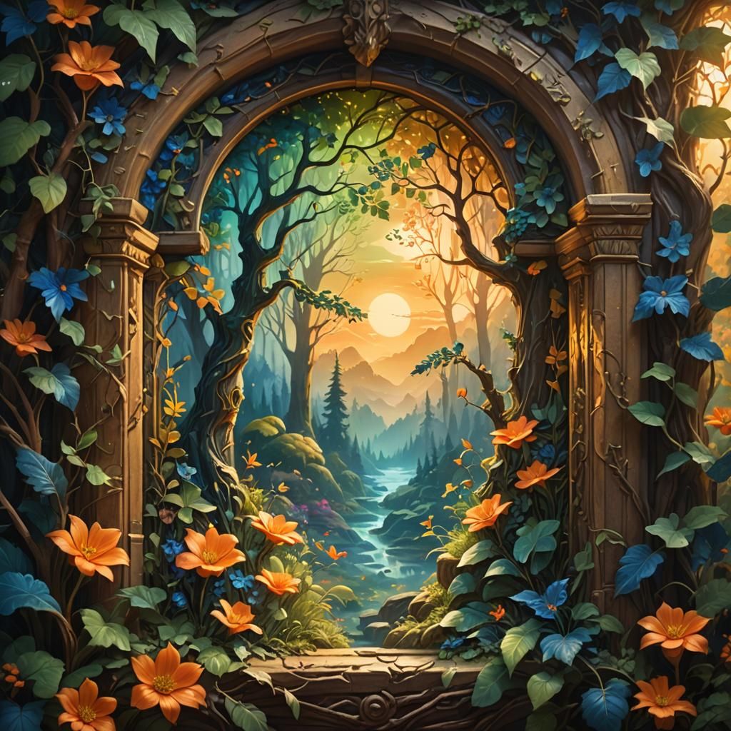 Mystical Forest: Magic Window in Oil Painting Style