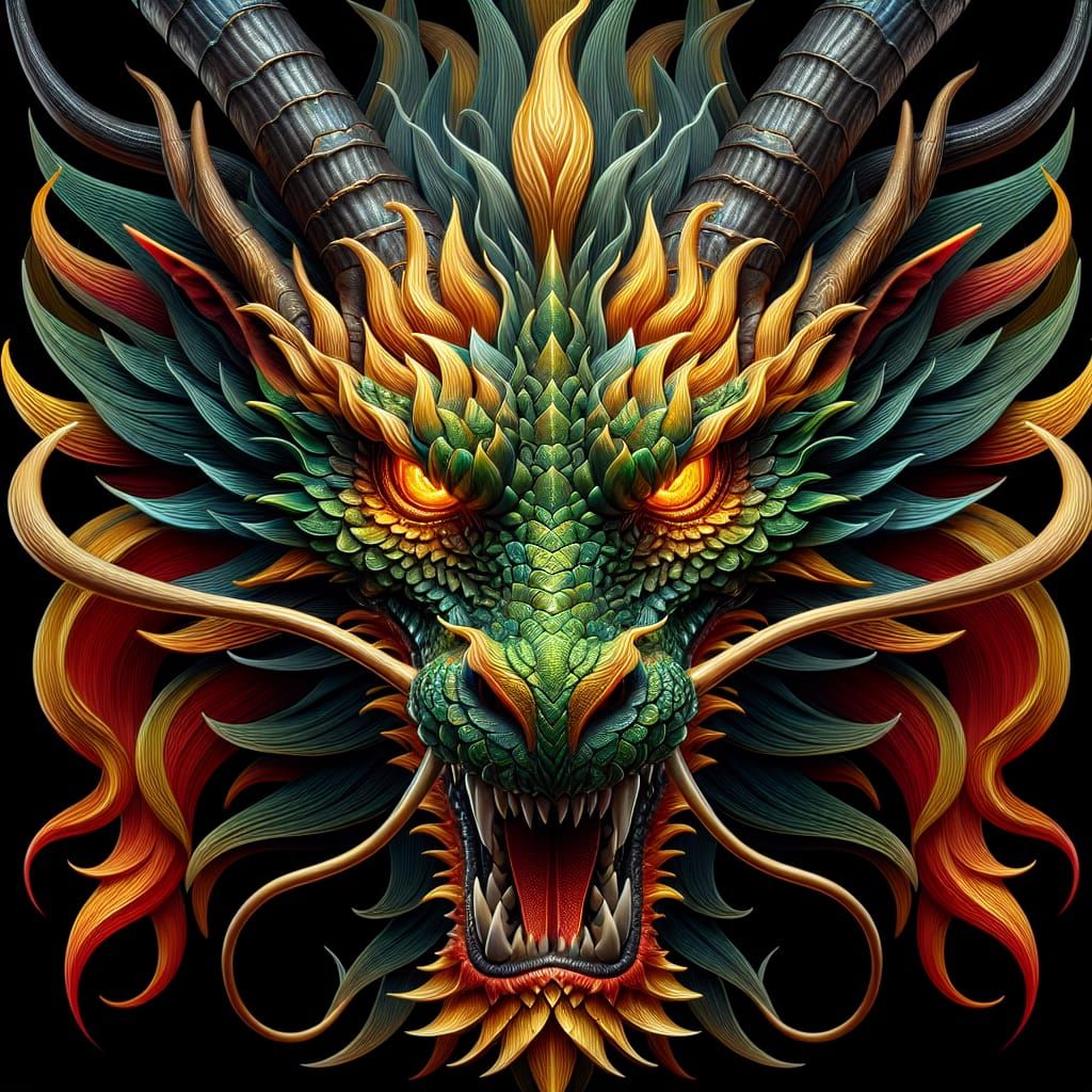 Fierce Dragon Head with Fiery Mane