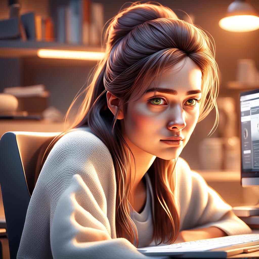 Realistic 3D Render of Woman at Desk