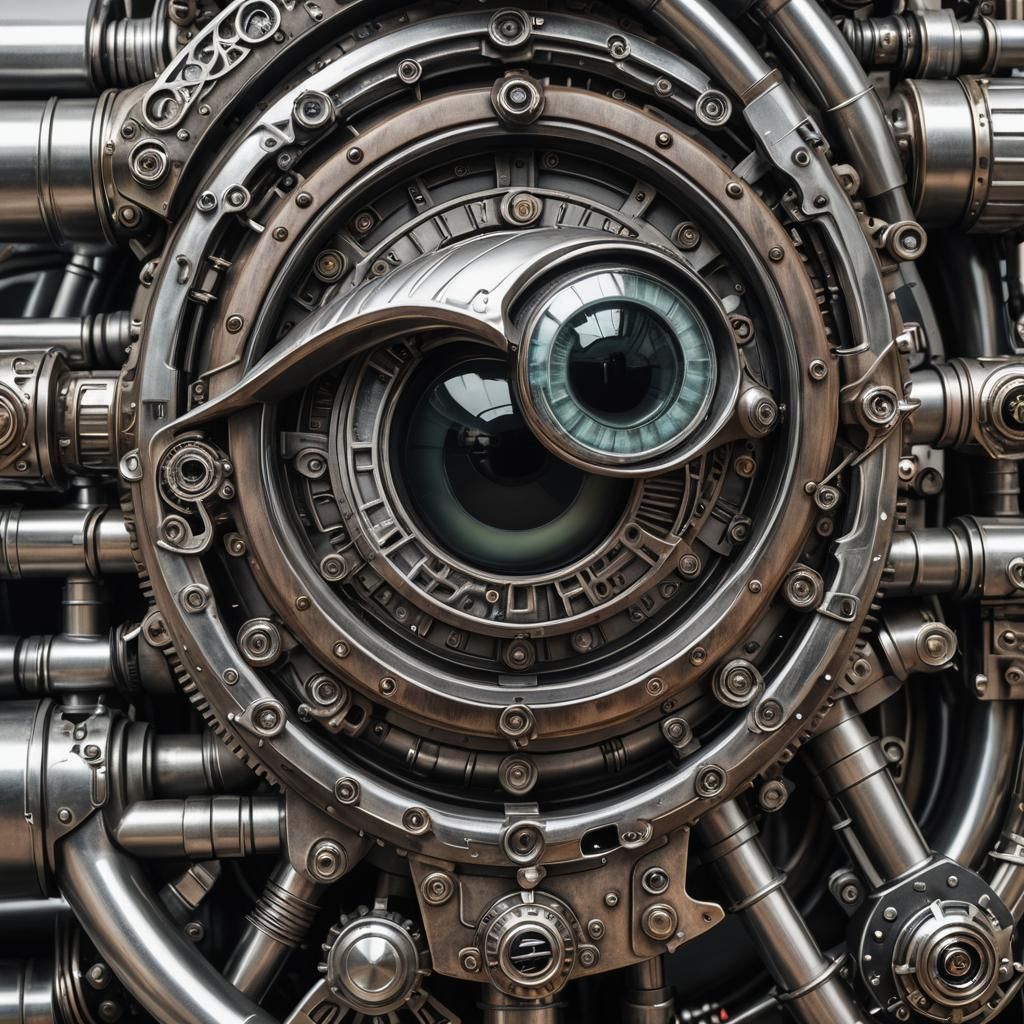 Dieselpunk Mechanical Eye Reflecting an AK-47