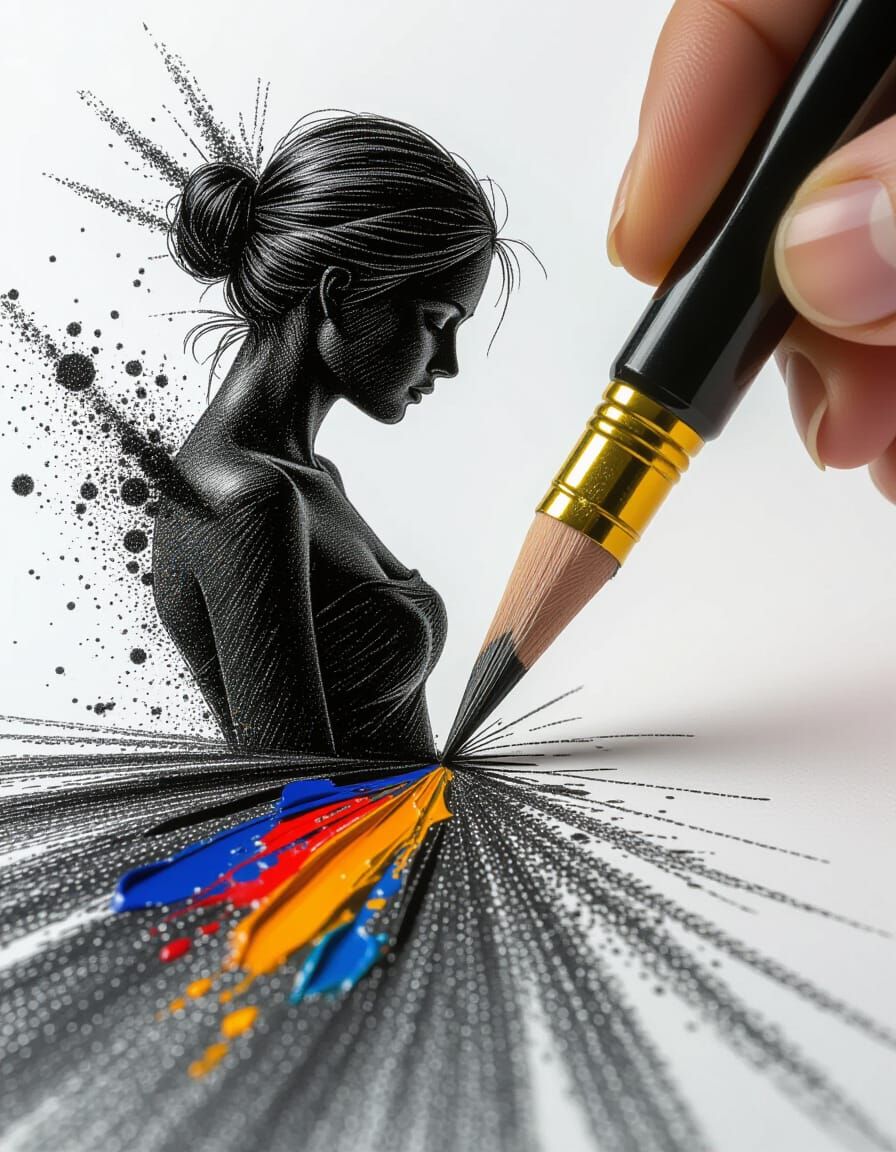 Graphite Figure Emerges from Paper in Oil Tones