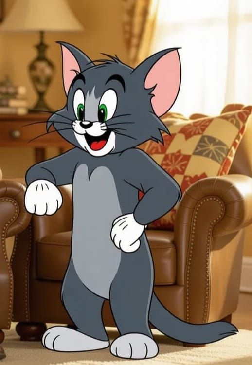 Muscular Man with Tom and Jerry in Cozy Living Room