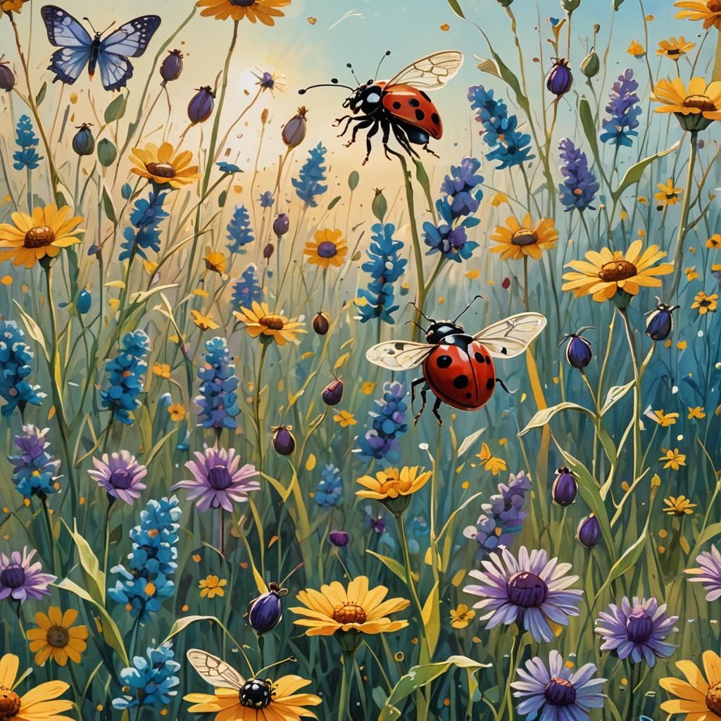 Surrealist Blooming Meadow with Ladybug and Butterflies in G...