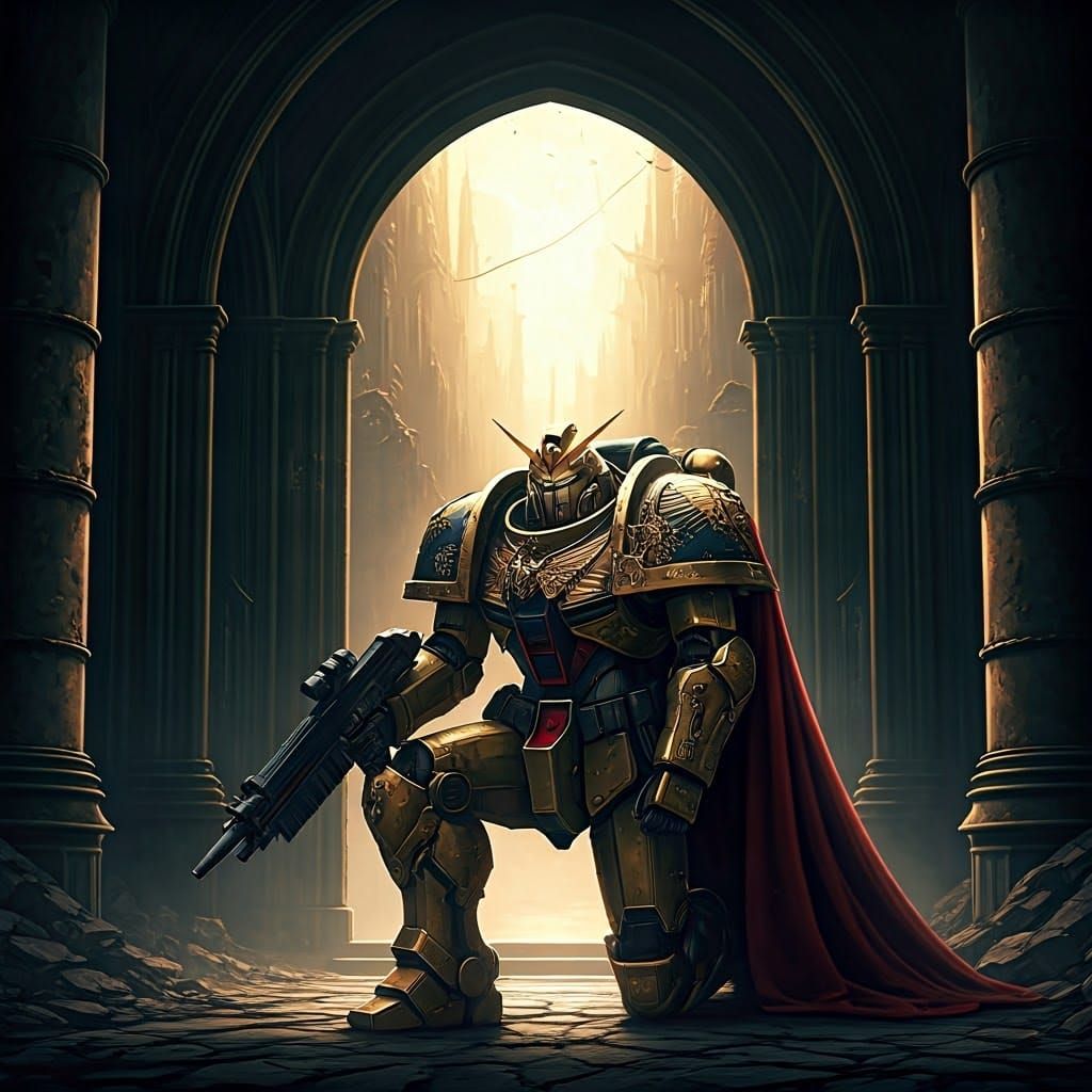 Gundam in Golden Armor Before Gothic Archway