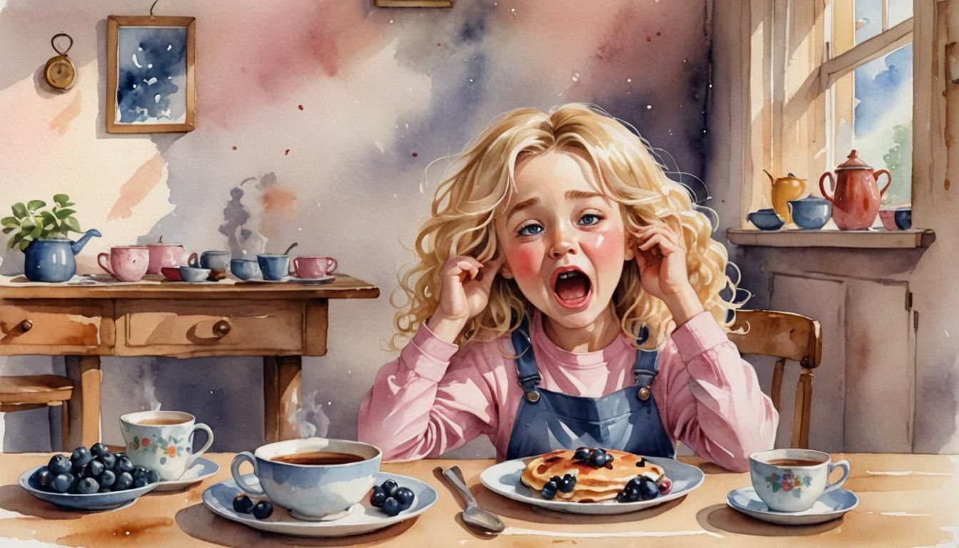 Girl Yawning at Breakfast Table, Watercolor Style