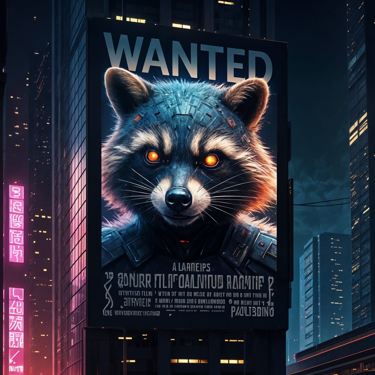 Wanted: Raccoon-Cyborg Bandit in Neon Cityscape