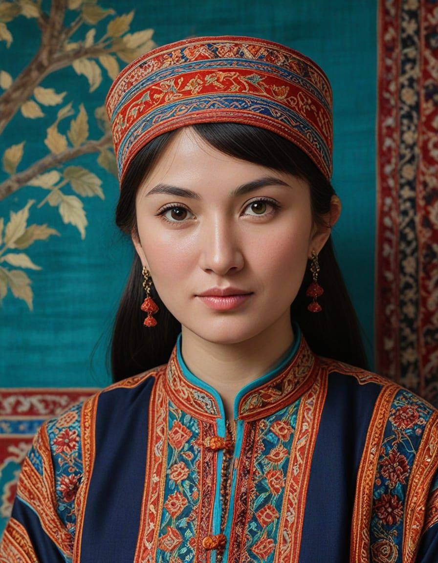 Proud Uyghur Woman in Atlas Silk Dress