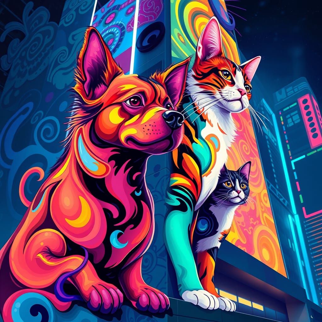 Abstract Canine and Feline Silhouettes Unite on a Futuristic...