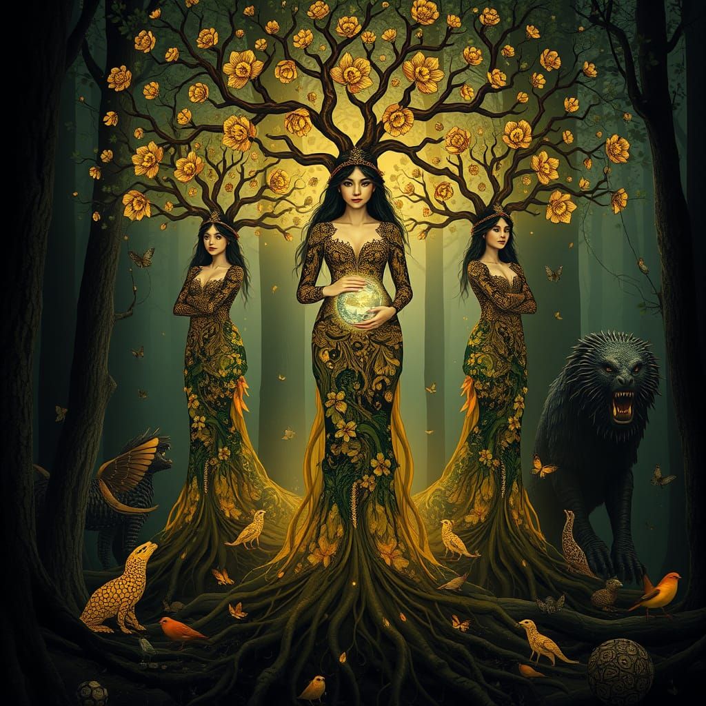 Surreal Goddess Rises from the Forest Floor in a Tapestry of...