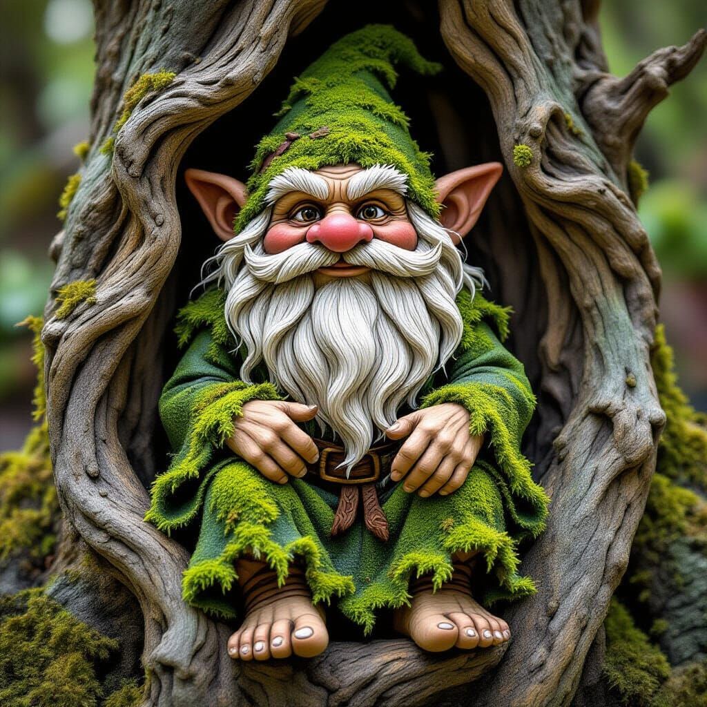 Whimsical Wooden Troll in Gnarled Tree