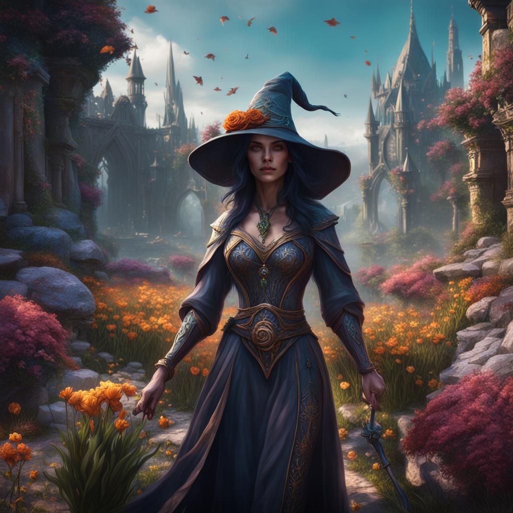 Enchantress Growing Flowers in a Fantasy Landscape